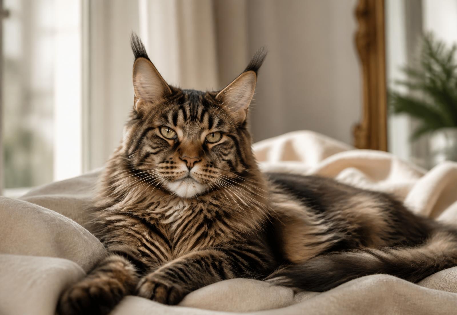 Maine Coon adulto disteso su una coperta chiara alla luce naturale